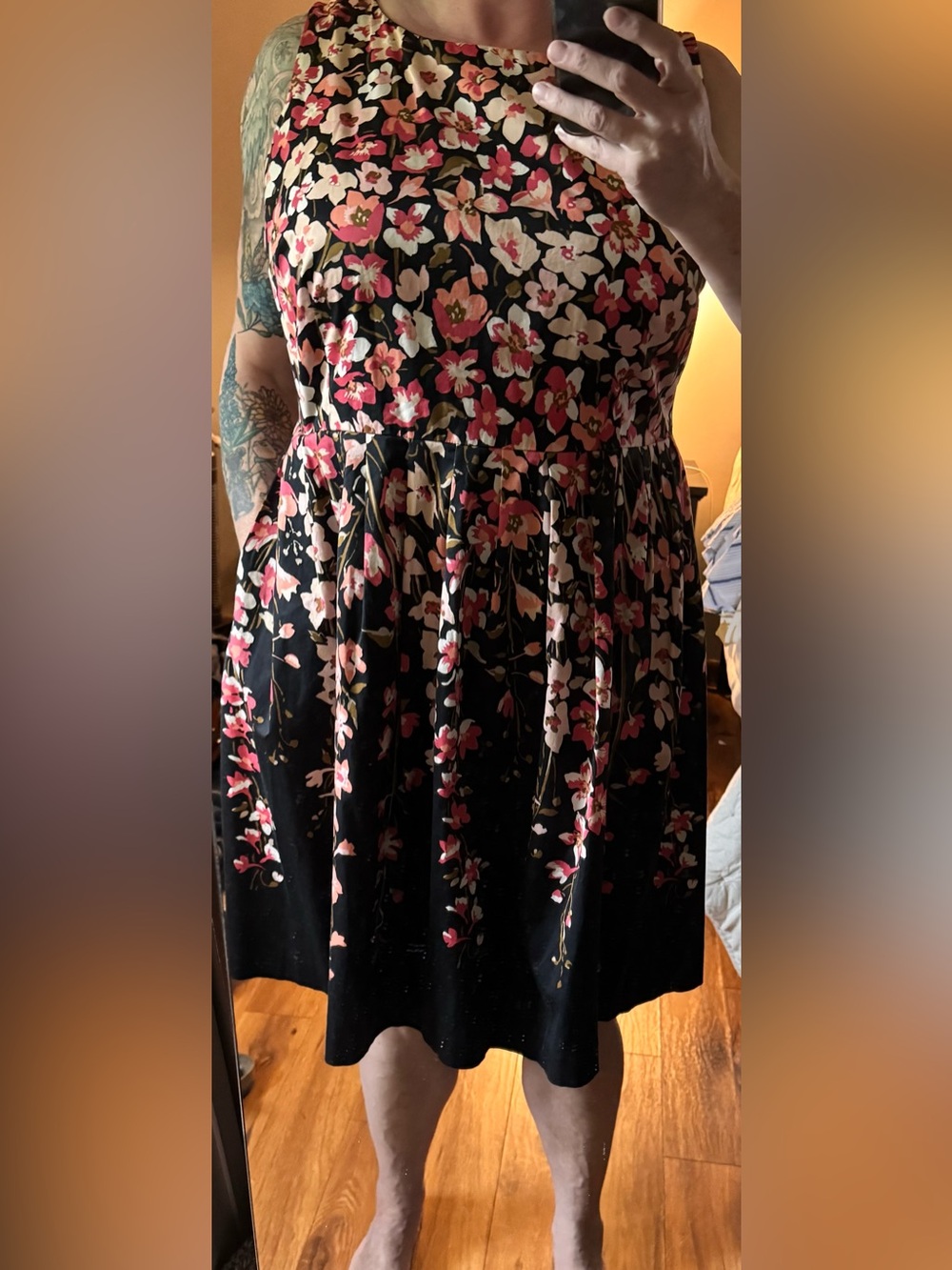 Talbots Black Floral Fit-and-Flare Dress with Pink & Cream Blooms